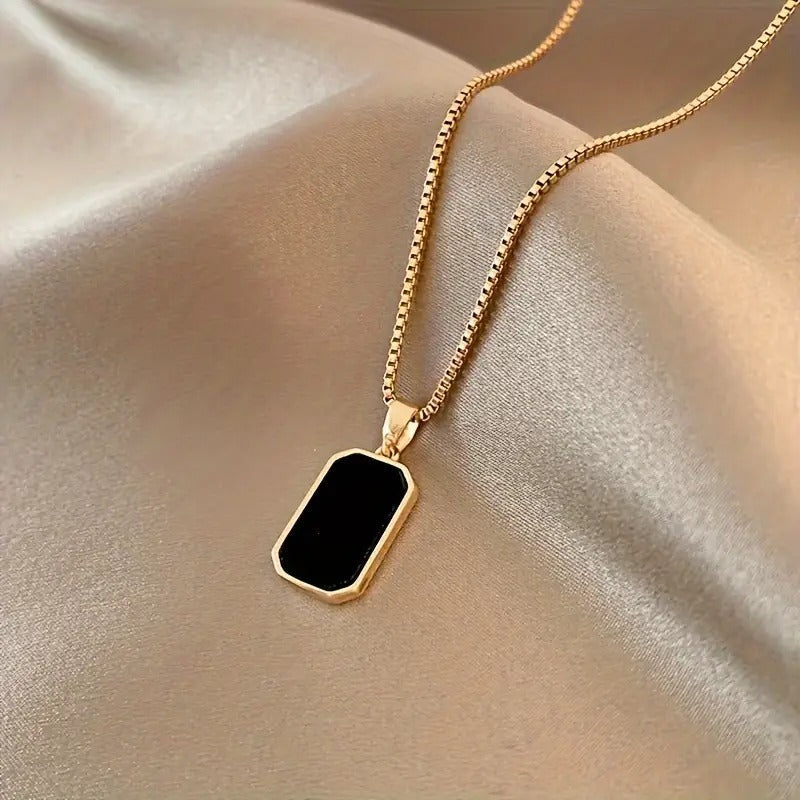 Elegant 18K Gold-Plated Stainless Steel Black Rectangular Pendant
