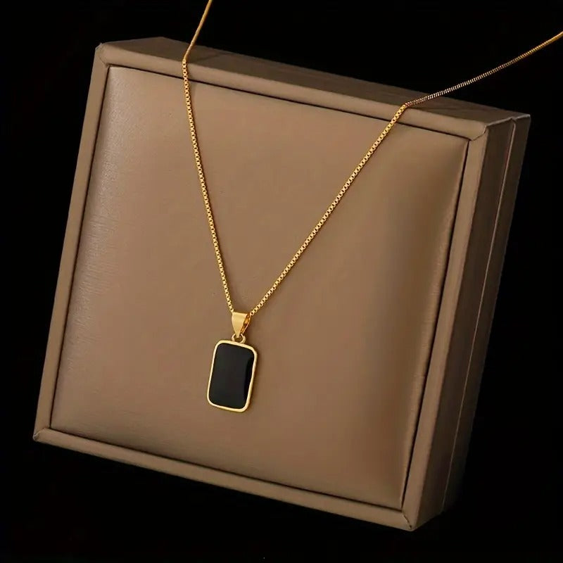 Elegant 18K Gold-Plated Stainless Steel Black Rectangular Pendant